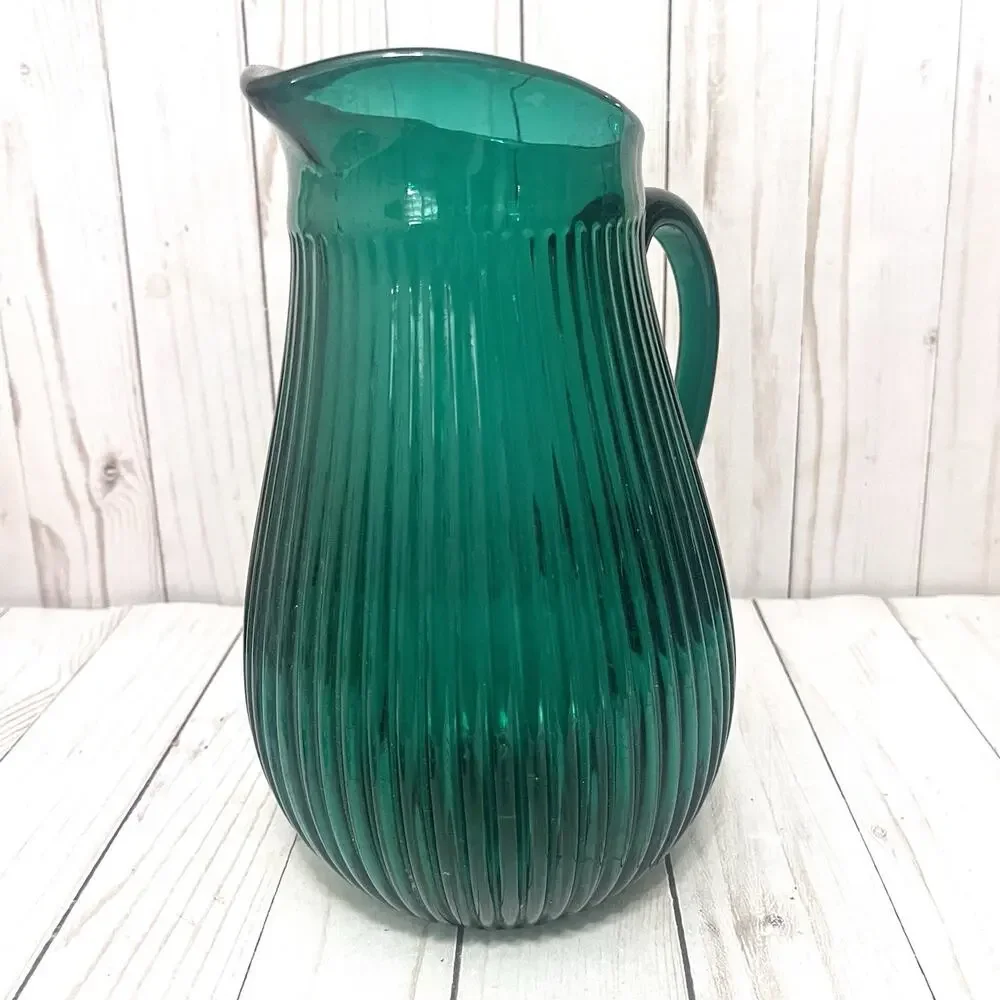 IKEA VINTAGE SALLSKAPLIG Emerald GREEN RIBBED GLASS PITCHER / VASE
